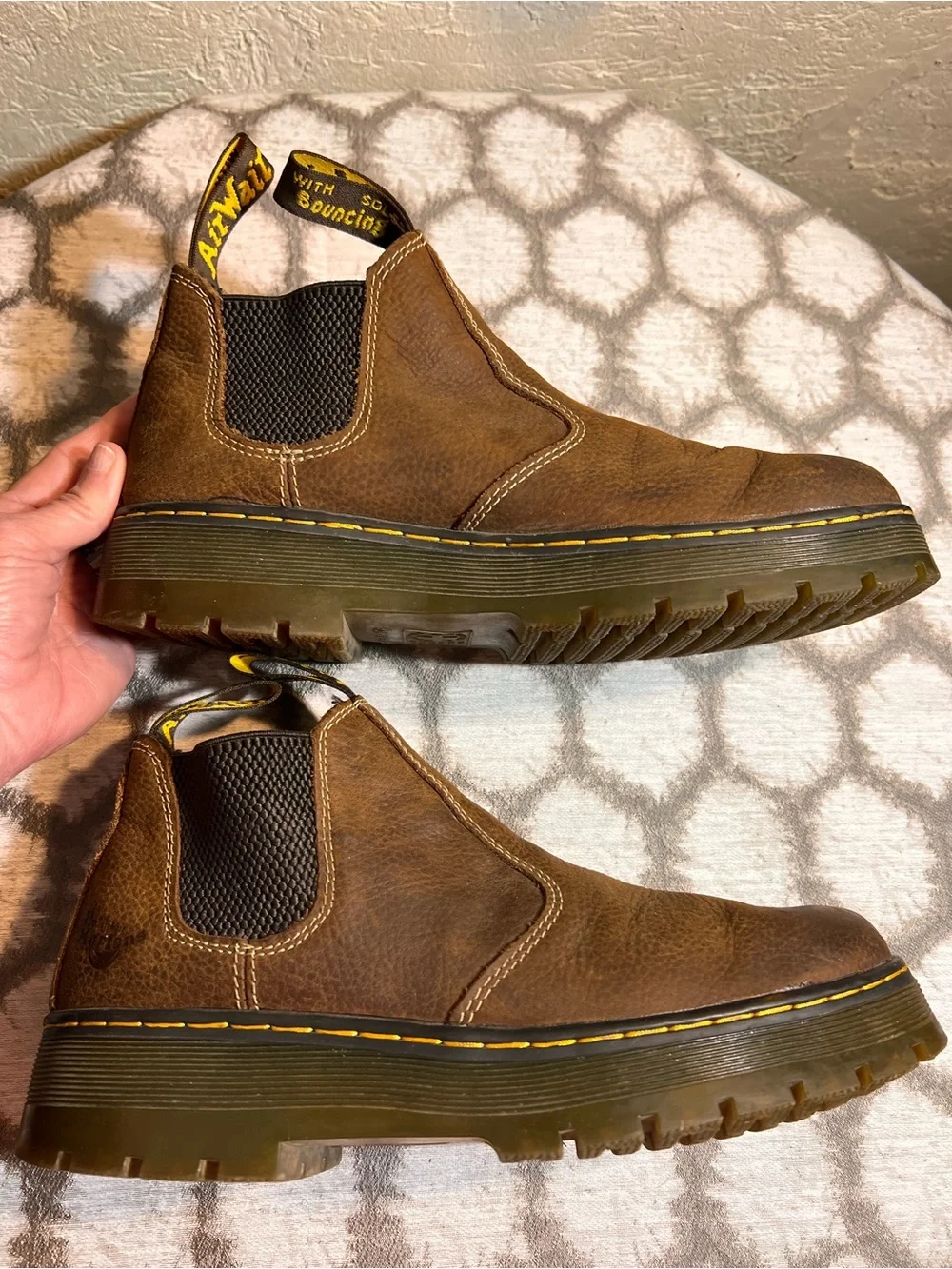 Dr. Martens Hardie Brown Leather Chelsea Lug Boots with Yellow Stitching
